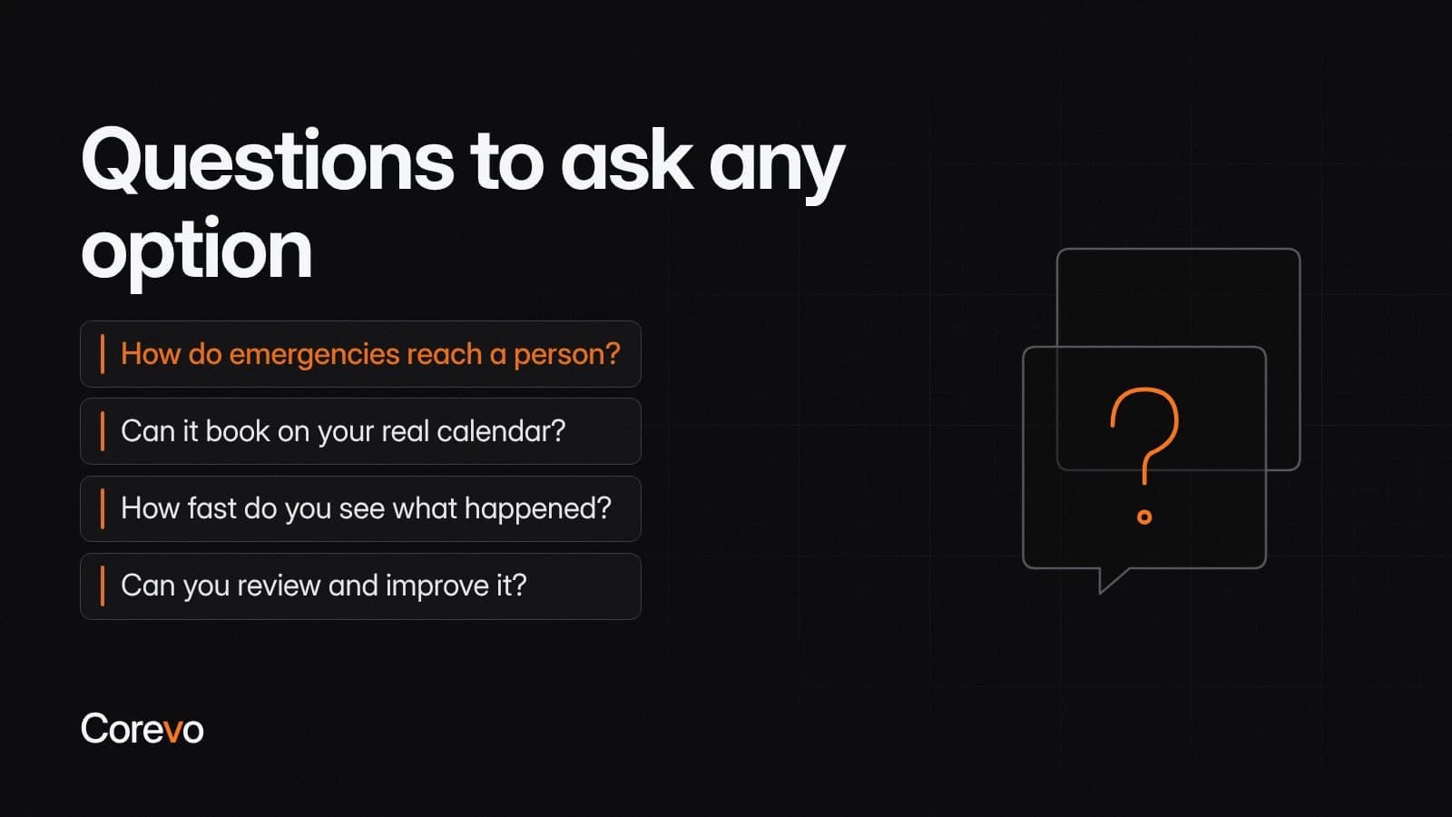Four questions to ask any after-hours answering option: how emergencies reach a person, whether it books on your real calendar, how fast you see what happened, and whether you can review and improve it.