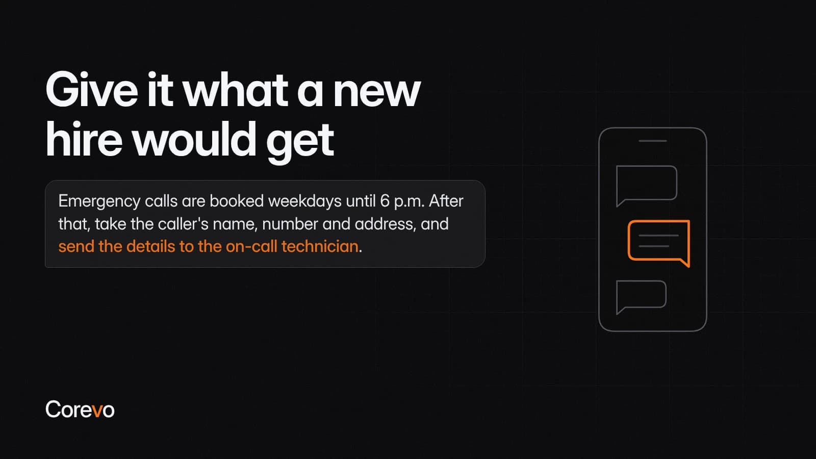 An example booking rule written for an AI voice assistant: emergency calls are booked weekdays until 6 p.m., and after that the assistant takes the caller's details and sends them to the on-call technician.