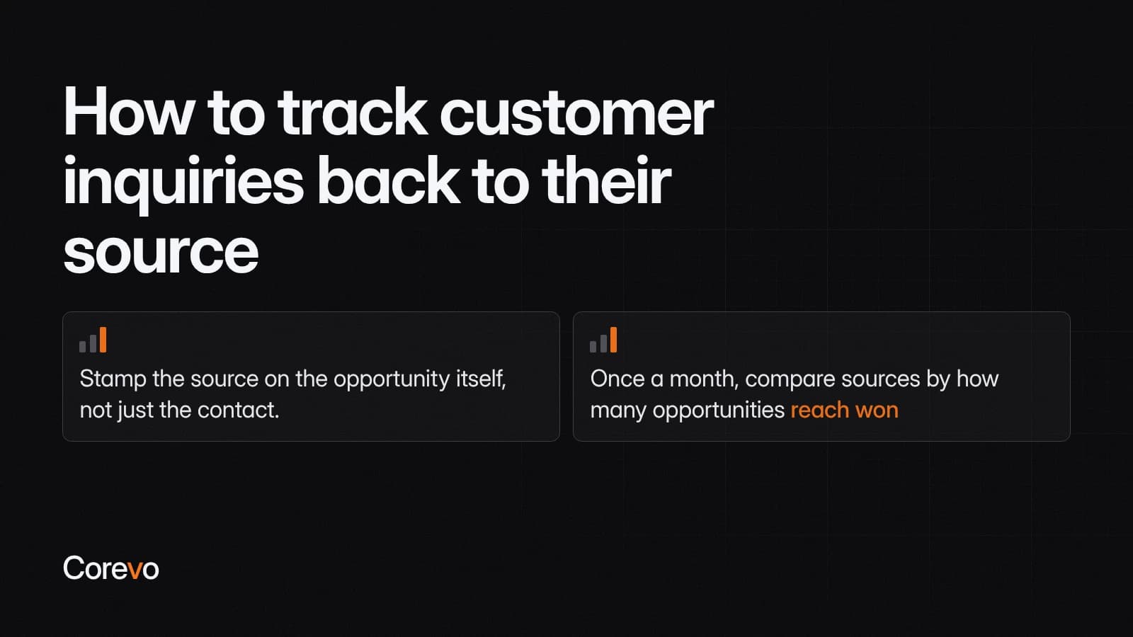 Track inquiries to their source: stamp the source on the opportunity, then compare sources each month by how many opportunities reach won.