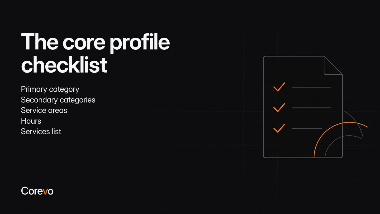 Core Google Business Profile checklist: primary category, secondary categories, service areas, hours and services list.